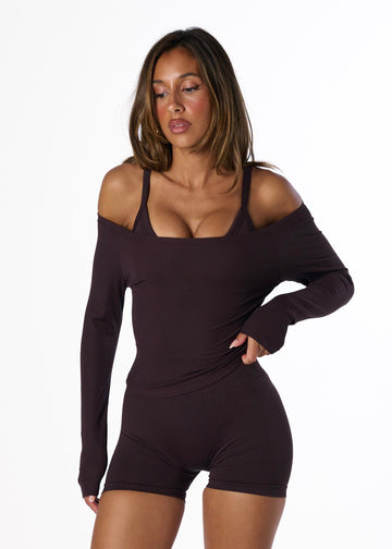 RIBBED OFF SHOULDER LONG SLEEVE - ESPRESSO