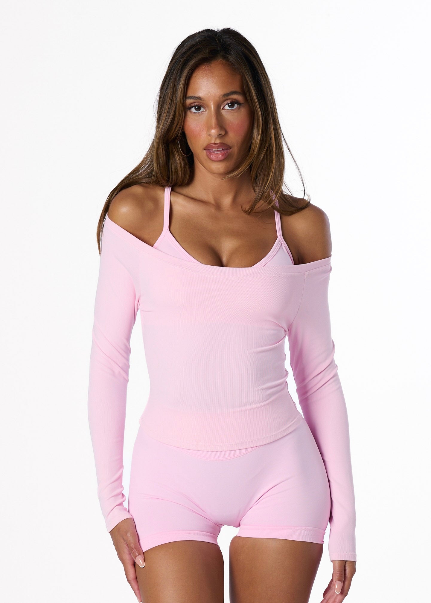 RIBBED OFF SHOULDER LONG SLEEVE - STRAWBERRY