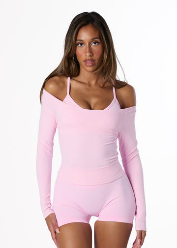 RIBBED OFF SHOULDER LONG SLEEVE - STRAWBERRY