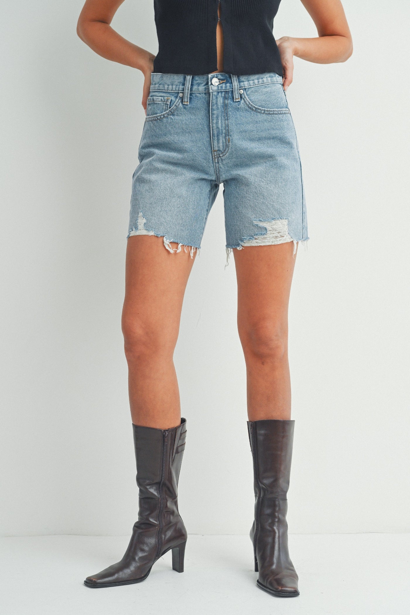SELENA SLIGHTLY DISTRESSED DENIM SHORTS