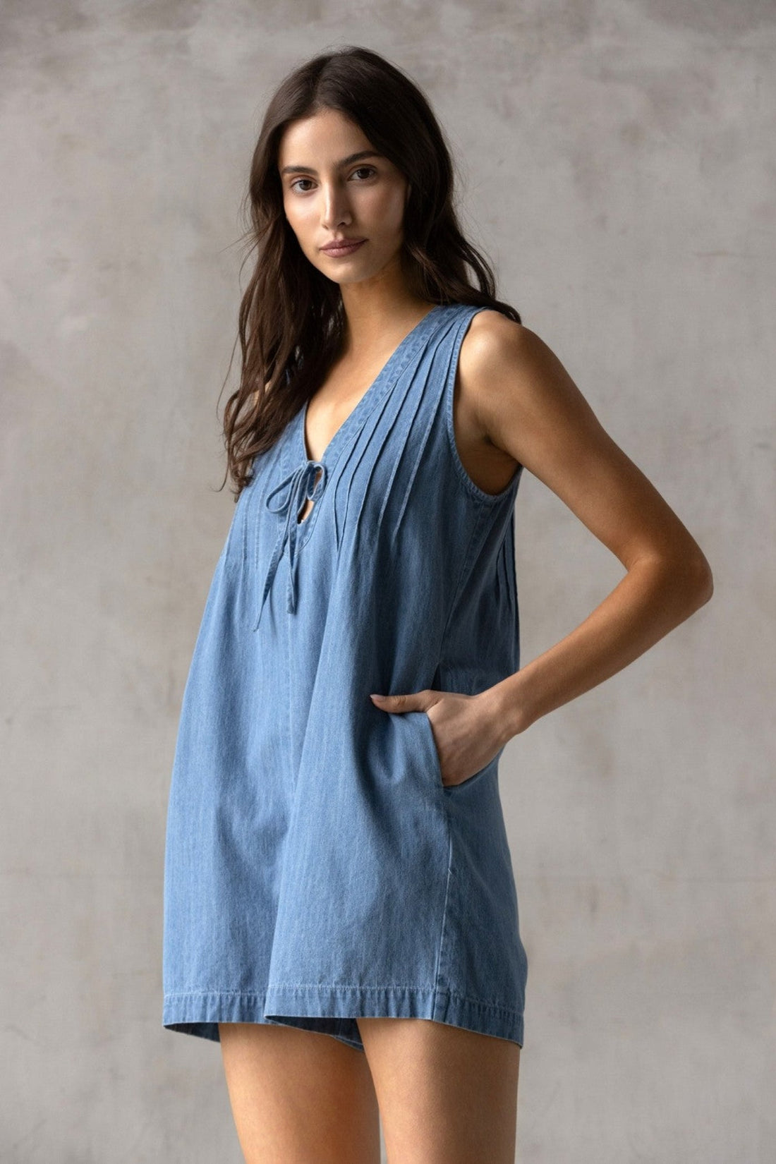 MILLIE V-NECK DENIM ROMPER