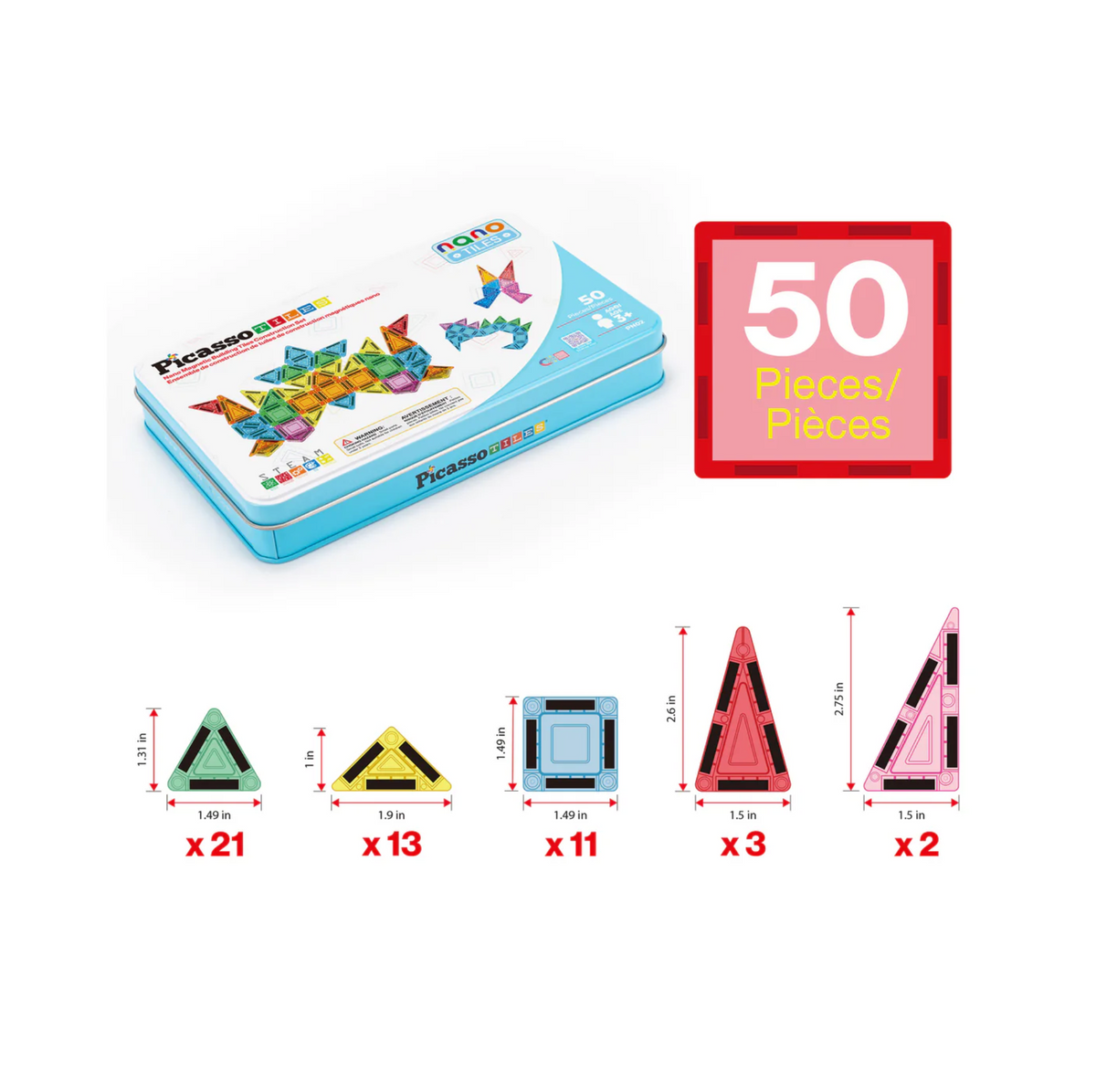 Picasso Tiles 50pc Nano Magnetic Building Tiles Construction Travel Set