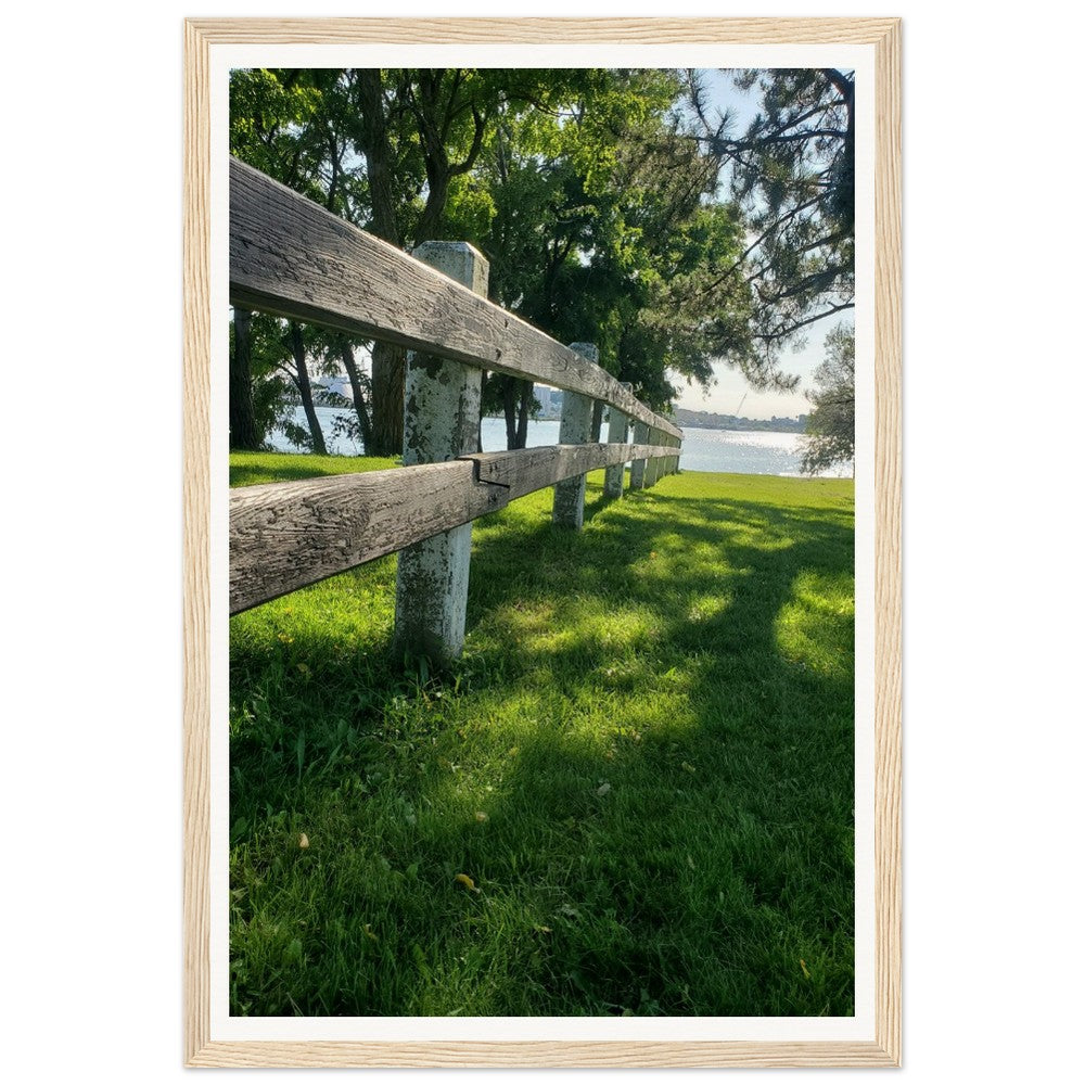 Tranquil Lakeside Wooden Fence - Museum-Quality Matte Paper Wooden Framed Poster