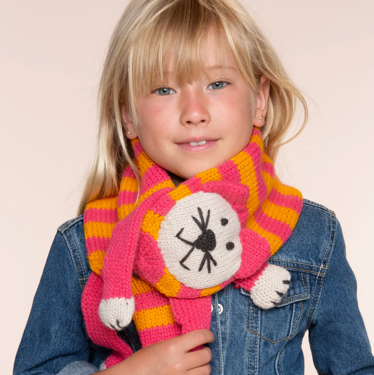 Kids Knitted Cat Scarf- Berry Pink / Mustard
