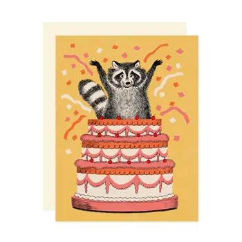 Raccoon and Cake Birthday Greeting Card